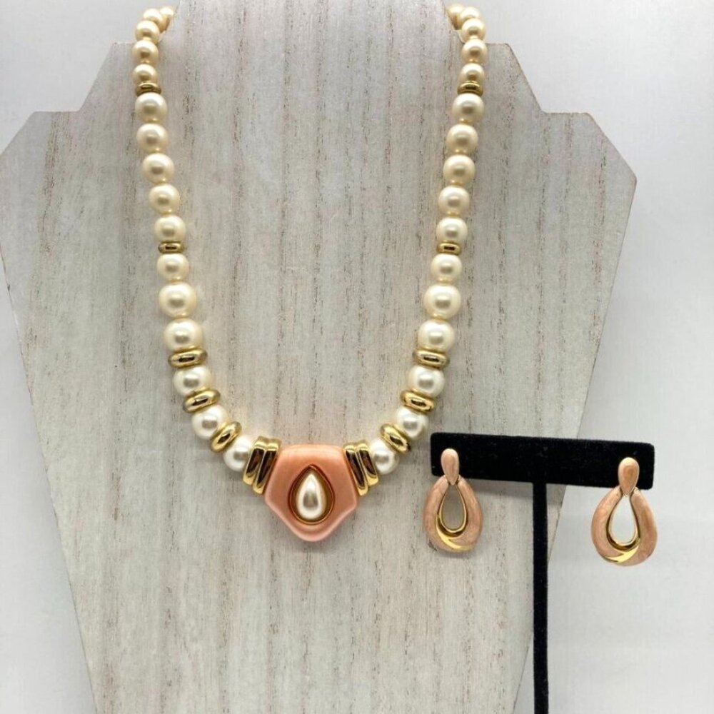 NAPIER Set 18" Necklace Door‎ Knocker Earring Pink Peach Simulated Pearl
